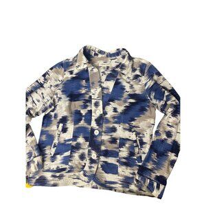 Coldwater Creek Womens Medium Blue & Beige Ikat Print Jacket Linen Office Wear